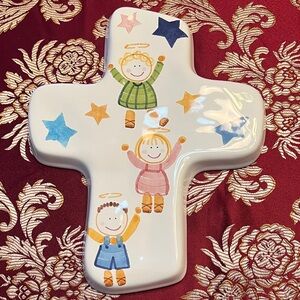 Ceramic Cross with Colorful Angels and Stars